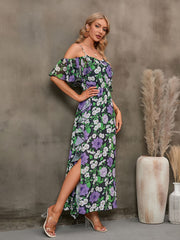 Floral Spaghetti Strap Cold-Shoulder Slit Maxi Dress