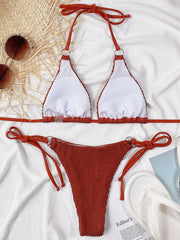 Textured Halter Neck Tie Side Bikini Set