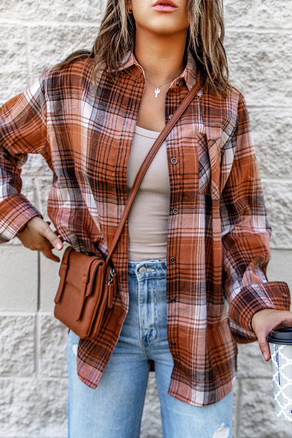 Collared Neck Long Sleeve Plaid Shirt