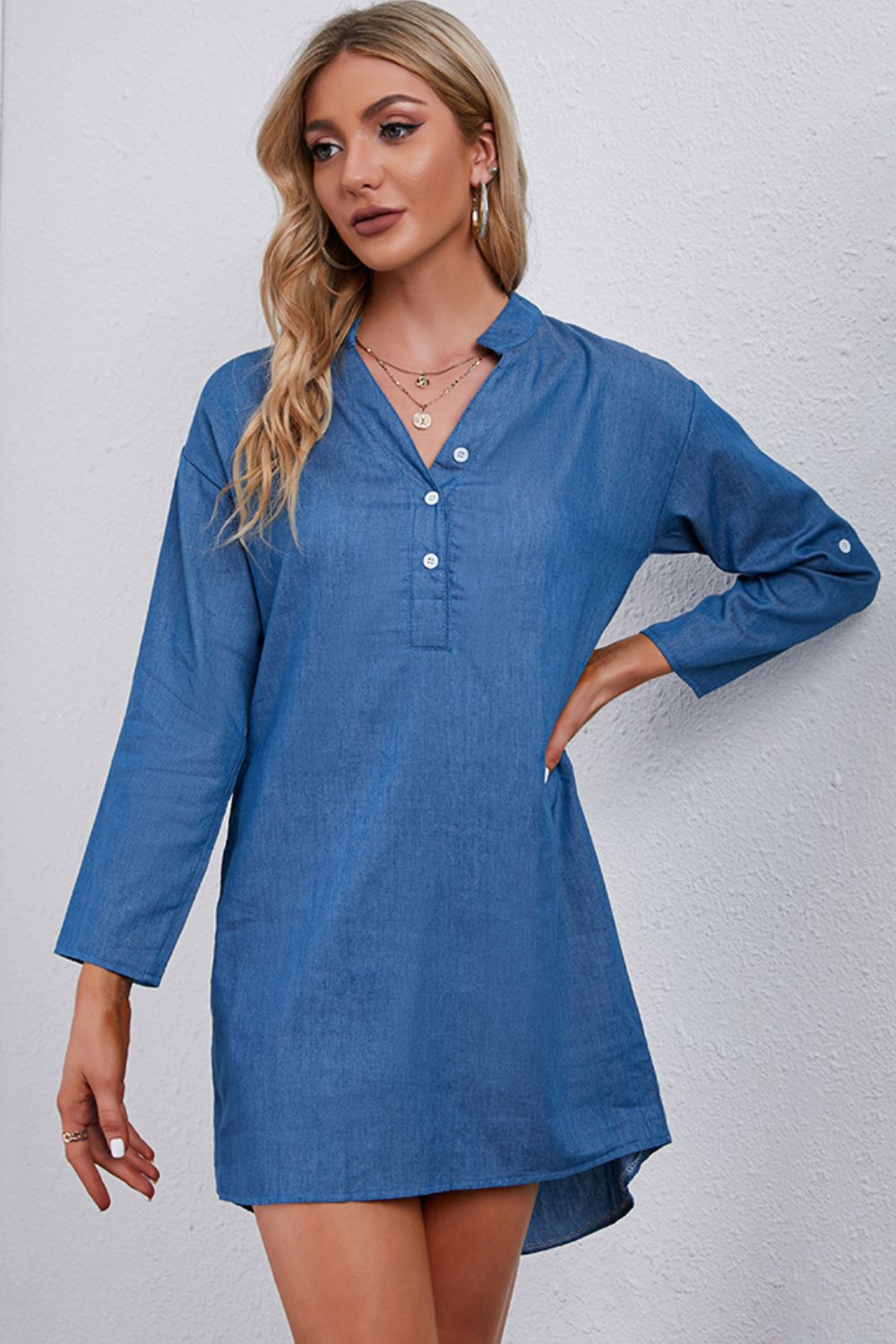 Half-Button Notched Neck High-Low Denim Dress