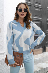 Two-Tone Johnny Collar Dropped Shoulder Pullover Sweater