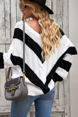 Chevron Cable-Knit V-Neck Tunic Sweater