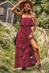 Polka Dot Strapless Slit Ruffled Maxi Dress