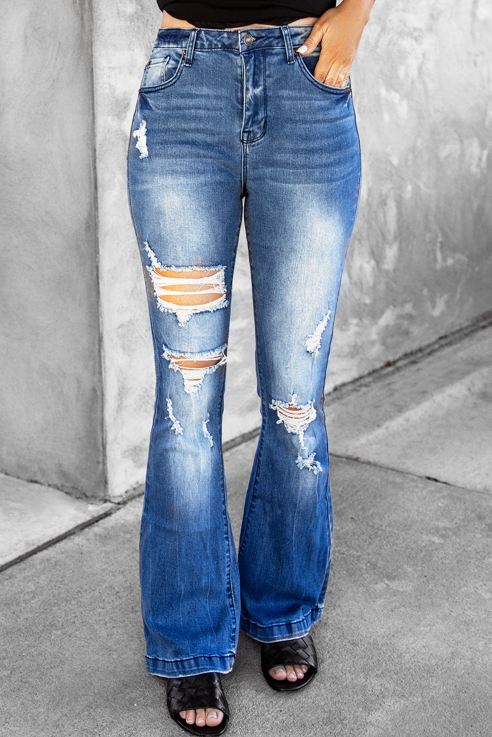 Distressed Flare Leg Jeans with Pockets