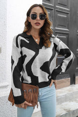 Two-Tone Johnny Collar Dropped Shoulder Pullover Sweater