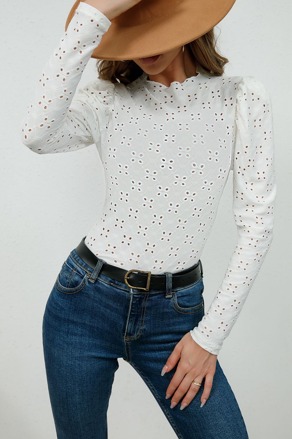 Round Neck Eyelet Long Sleeeve Blouse