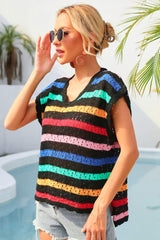 Striped V-Neck Slit Cover Up