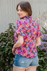 Floral Print Puff Sleeve Round Neck Blouse