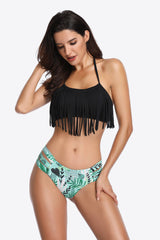 Two-Tone Fringe Trim Tied Bikini Set