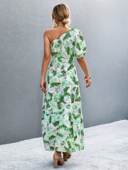 Printed Tie Waist One Shoulder Maxi Dress