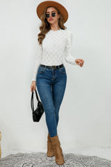 Round Neck Eyelet Long Sleeeve Blouse