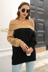 Ribbed Off-Shoulder Lantern Sleeve Pullover Sweater